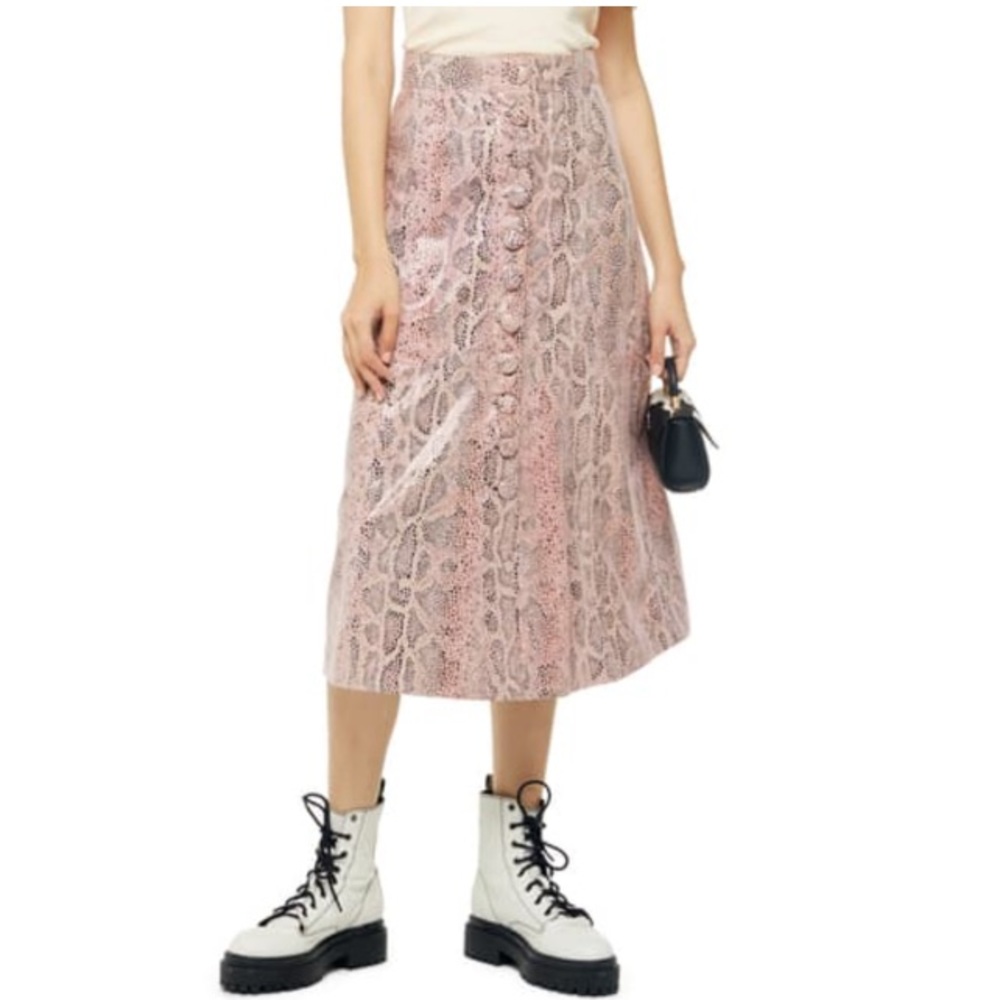 Topshop Leather Snake Skin Print Button Midi Skirt Size 4